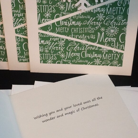 4 Off White Green Christmas Words Diagonal Cut with 3D Card Stock Snowflake - Picture 3 of 3